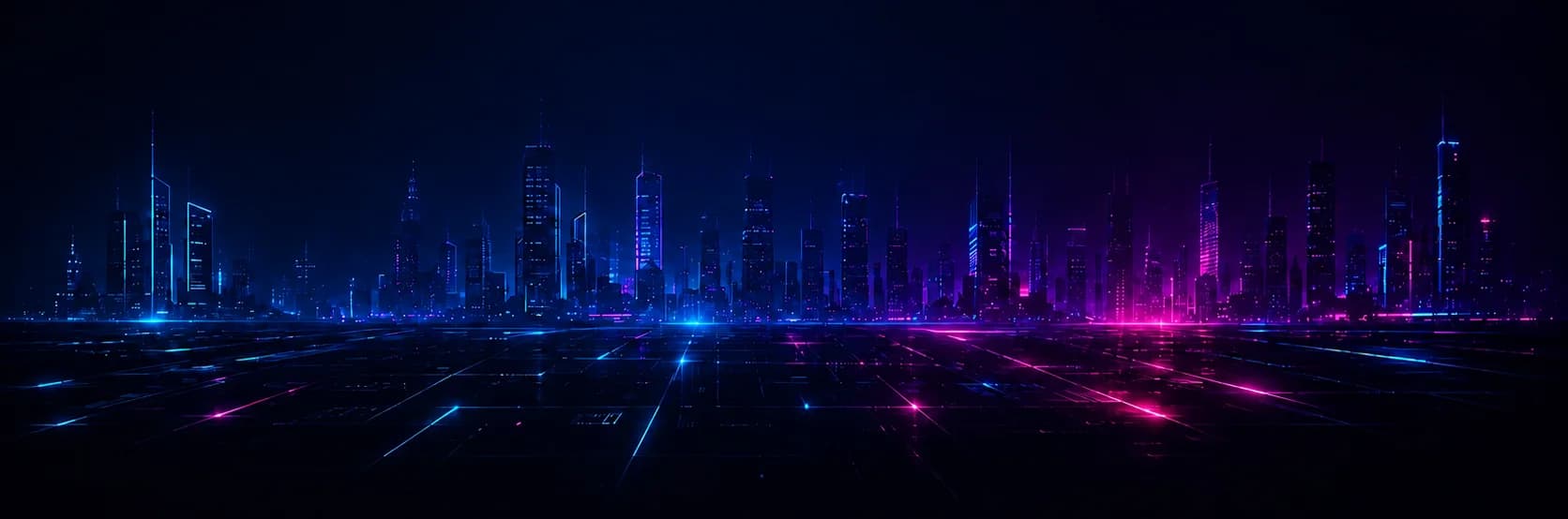 Skyline de cidade ao anoitecer, simbolizando negócios conectados por tecnologia